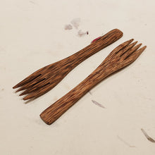 Load image into Gallery viewer, Set of 2 reusable forks made from reclaimed coconut wood — a sustainable alternative to plastic cutlery.
