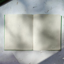 Load image into Gallery viewer, Open handmade dotted paper notebook with 5mm grid, with pink cover, ideal for planning, sketching, and journaling
