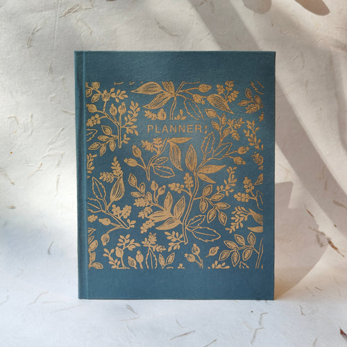 Handmade paper undated daily planner with hardcover, made from recycled cotton paper. blue color