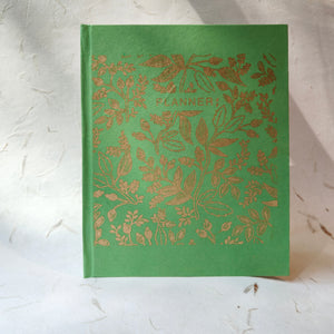 Handmade paper undated daily planner with hardcover, made from recycled cotton paper. green color