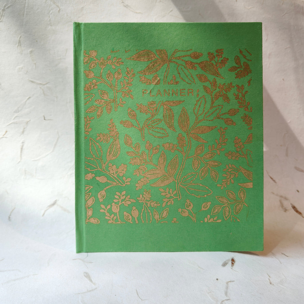 Handmade paper undated daily planner with hardcover, made from recycled cotton paper. green color
