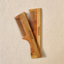 Load image into Gallery viewer, Dual neem wood hair comb with handle by InBreathe, featuring fine and wide teeth for scalp health and styling
